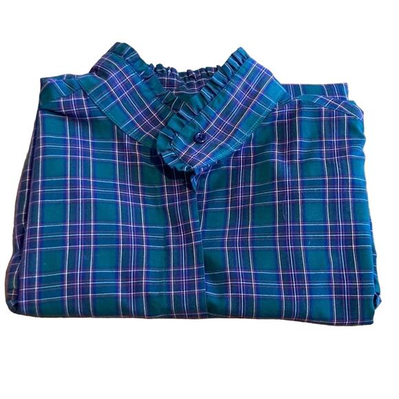 Vintage Womens L Green Plaid Puff Sleeve Ruffle Shirt Dark Academia Office Retro - Picture 3 of 10